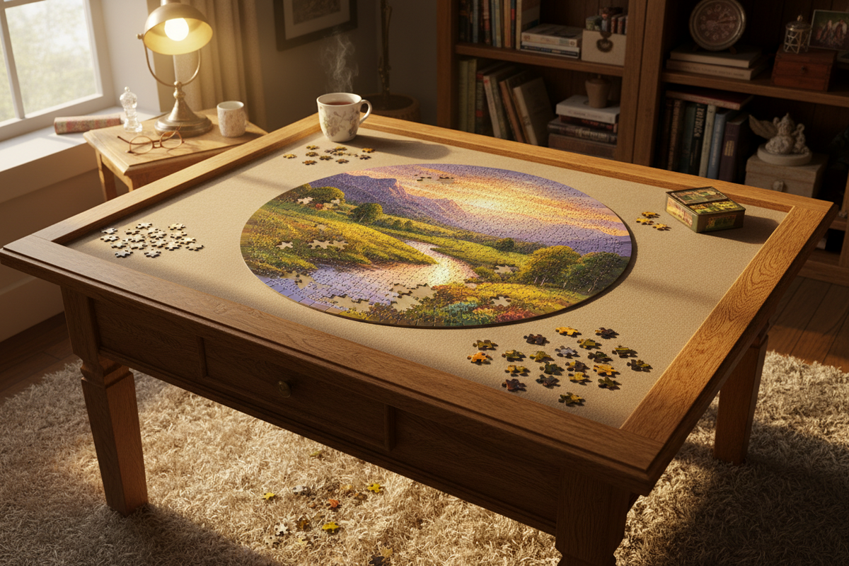 This is a picture of a partially completed jigsaw puzzle on a table.