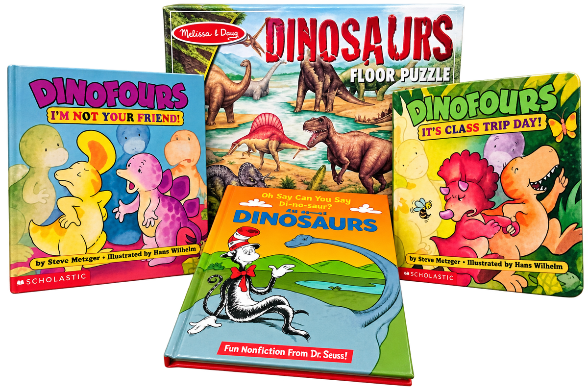 Dinosaur Adventure Bundle – 3 Children's Books & Melissa & Doug 2' x 3' Floor Puzzle