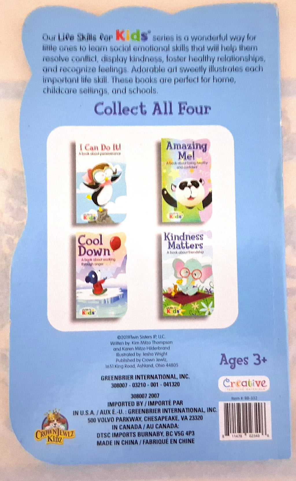 Back cover of a children's book collection titled 'Our Life Skills for Kids' series, featuring four illustrated books: 'I Can Do It!', 'Amazing Me!', 'Cool Down!', and 'Kindness Matters!' on a light blue background with product text and a barcode.