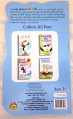 Back cover of a children's book collection titled 'Our Life Skills for Kids' series, featuring four illustrated books: 'I Can Do It!', 'Amazing Me!', 'Cool Down!', and 'Kindness Matters!' on a light blue background with product text and a barcode.