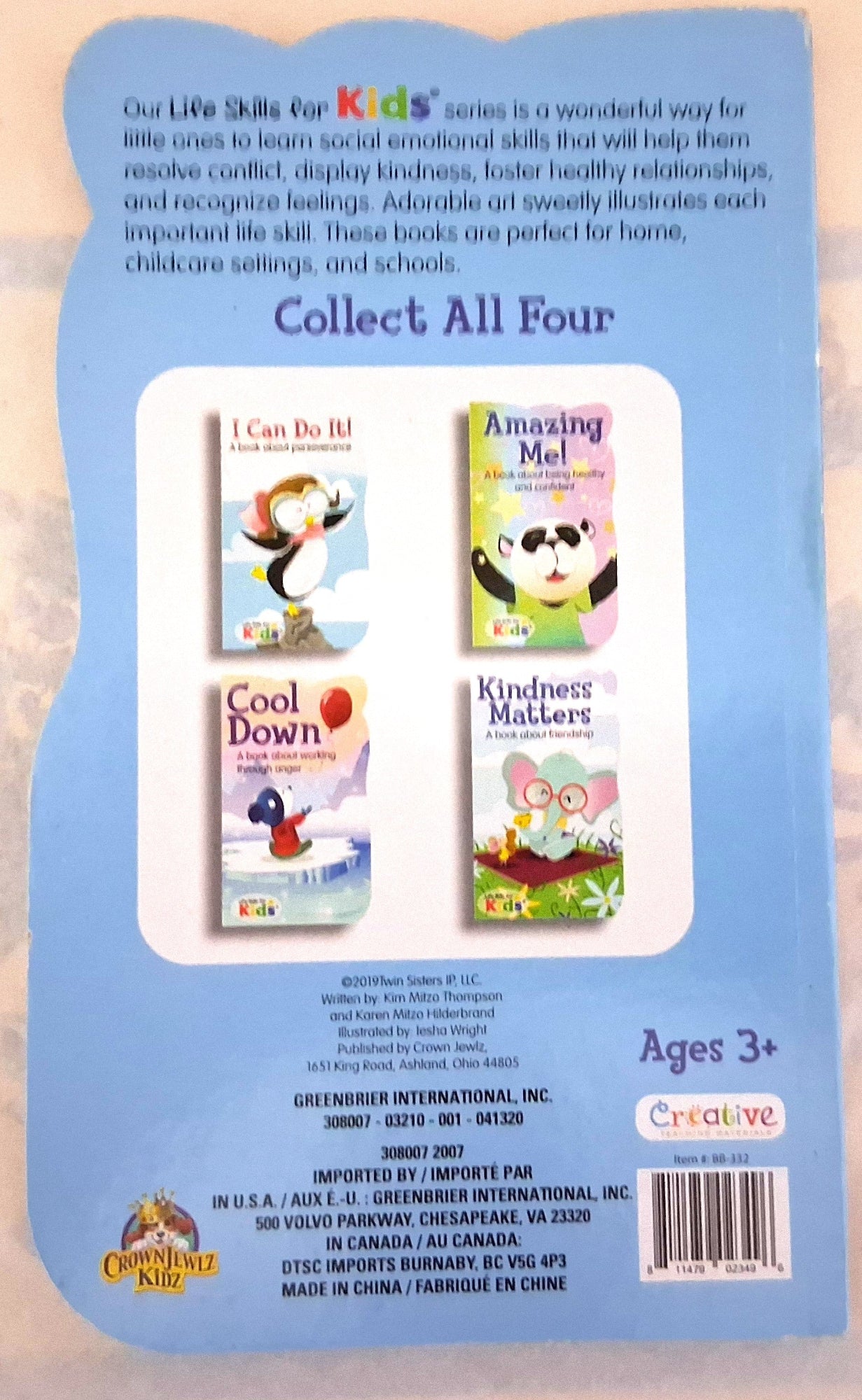 Back cover of a children's book collection titled 'Our Life Skills for Kids' series, featuring four illustrated books: 'I Can Do It!', 'Amazing Me!', 'Cool Down!', and 'Kindness Matters!' on a light blue background with product text and a barcode.