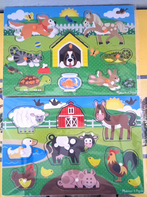 Two colorful children's wooden farm-themed puzzles. Pet and farm themed animals like a dog, cat, horse, turtle, rabbit, and fish are included in a yard and barn scene.