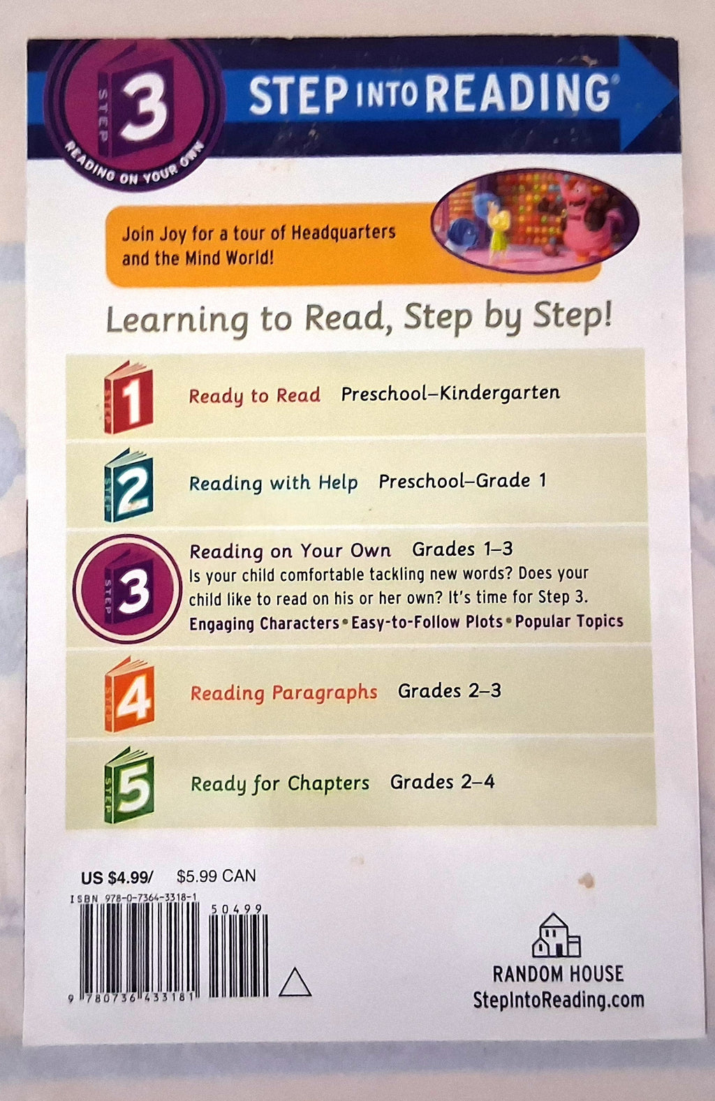 Back cover of a Step Into Reading 3rd-grade book by Random House, showing age-level progression information with numbered sections and a barcode.