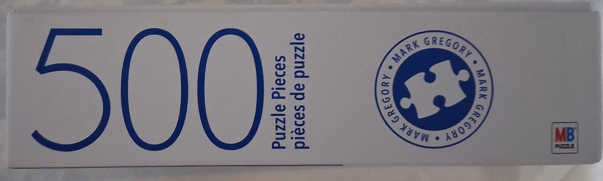 A white box for a 500-piece jigsaw puzzle by Mark Gregory, featuring blue text and logo on a clean white background.