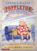 Front cover of the children's book 'Poppleton and Friends' by Cynthia Rylant, illustrated by Mark Teague. The cover shows a pig character in a red floral shirt sitting on a blue bus seat next to a small orange animal, with the title at the top and a small Scholastic logo at the bottom.