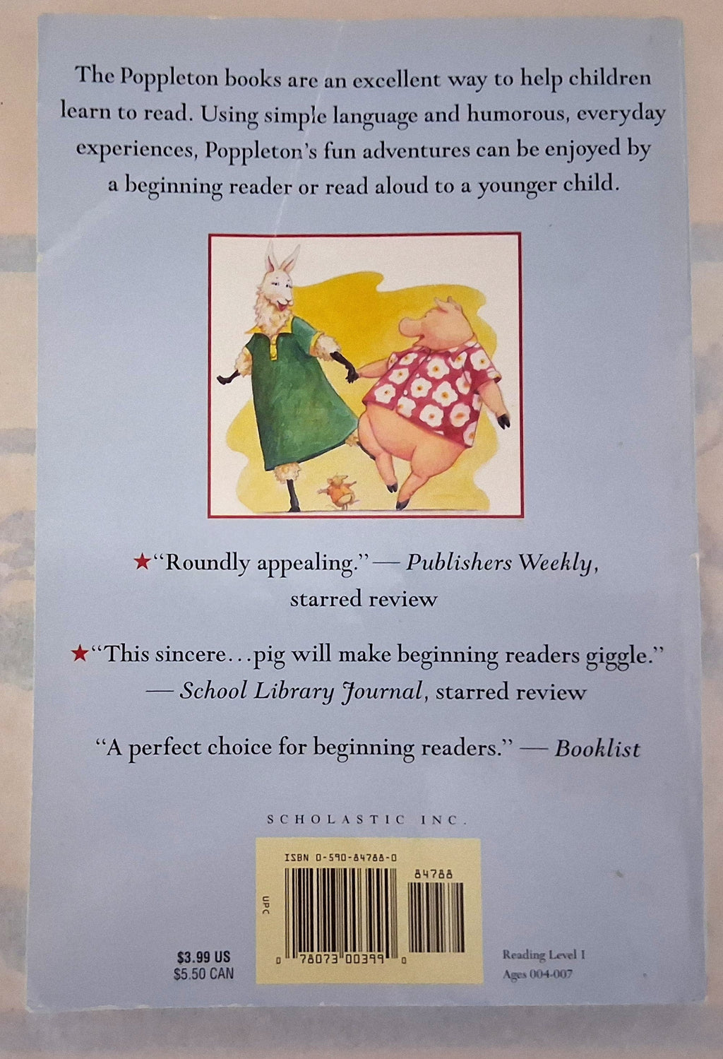 Back cover of a Scholastic Inc. Poppleton book featuring black text on a pale blue background, a small illustration of a rabbit in a green dress and a pig in a pink floral dress, and a yellow barcode sticker at the bottom.