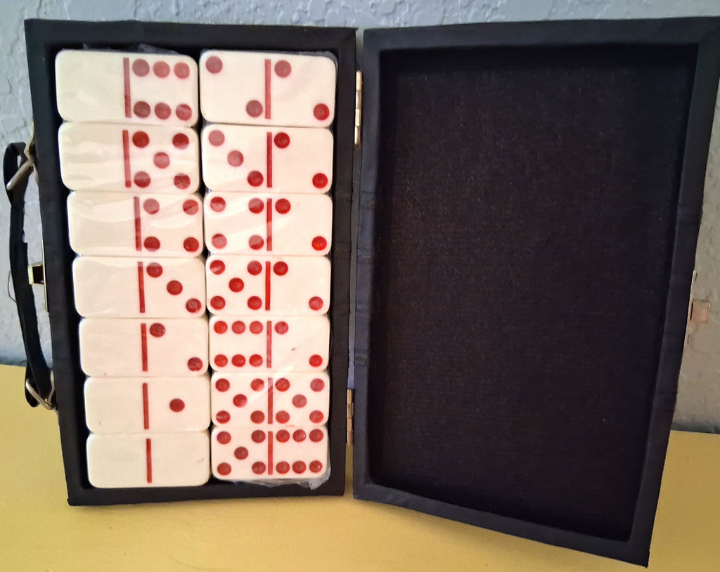 Vintage Domino Set 28 Pc Double Six Black Case