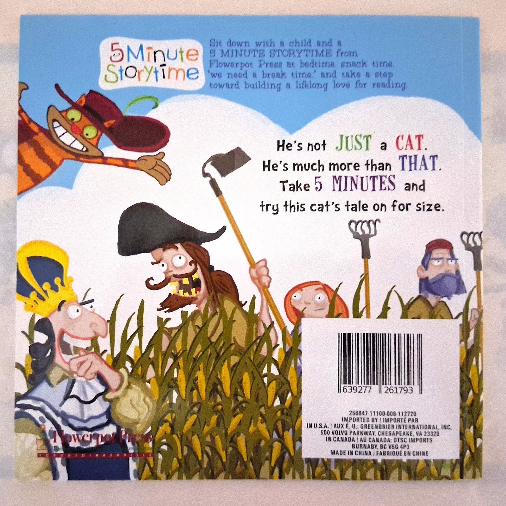 The back cover of the children's book '5 Minute Storytime' by Peter Brown, featuring colorful cartoon illustrations of characters in a grassy field, a barcode, and product text on a light marble surface.