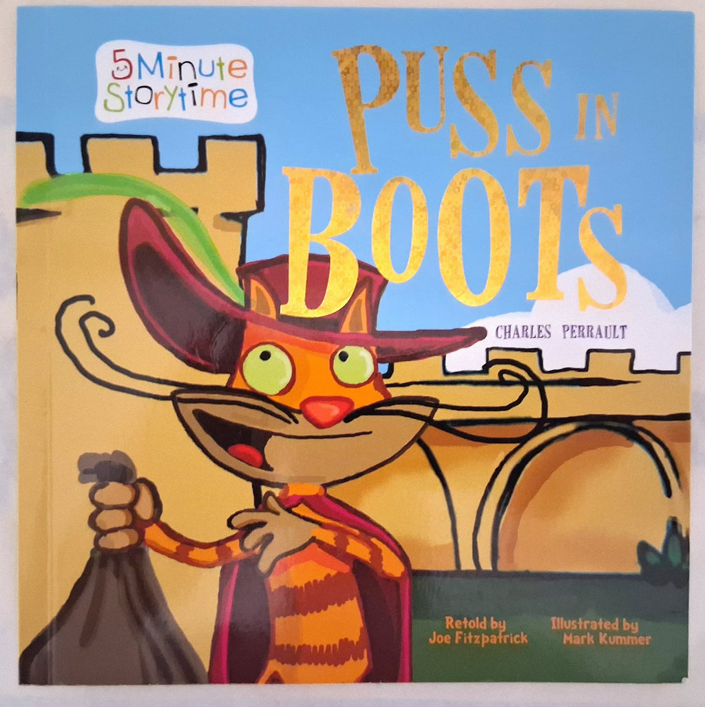 Children's book cover titled 'Puss in Boots' from the 5 Minute Storytime series, featuring a colorful cartoon illustration of Puss in a bootsuit against a castle background.