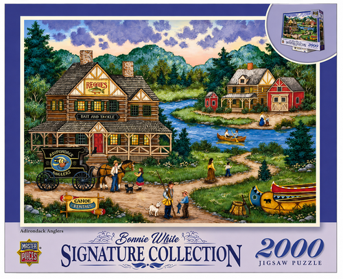 Front of a jigsaw puzzle box from the Bonnie White Signature Collection, featuring a colorful illustrated rural scene with a large timber hotel, river, boats, people, and horses. The box includes the text '2000 Jigsaw Puzzle' and a small inset showing the assembled puzzle.