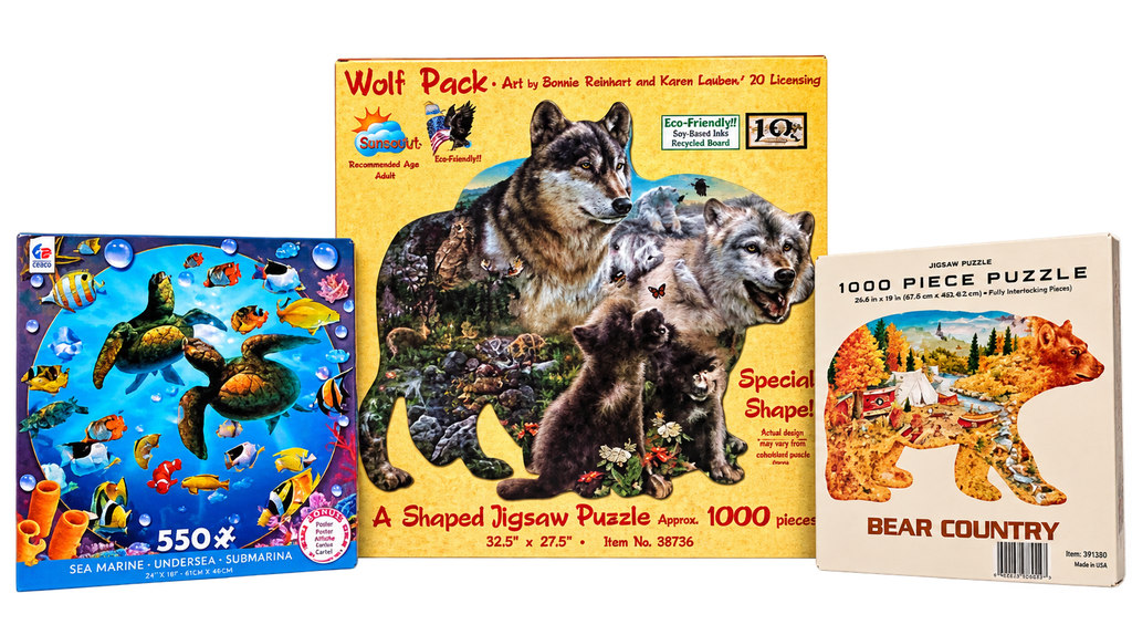 Wildlife Puzzle Bundle – Wolf Pack Shaped Puzzle, Bear Country 1000-Piece Puzzle & Undersea Turtle 550-Piece Puzzle