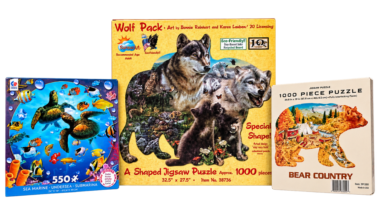 Wildlife Puzzle Bundle – Wolf Pack Shaped Puzzle, Bear Country 1000-Piece Puzzle & Undersea Turtle 550-Piece Puzzle