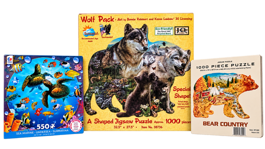 Wildlife Puzzle Bundle – Wolf Pack Shaped Puzzle, Bear Country 1000-Piece Puzzle & Undersea Turtle 550-Piece Puzzle