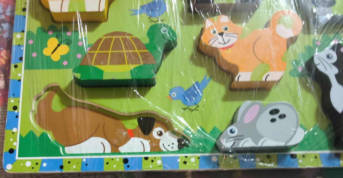 A children's wooden animal puzzle board showing cutout animal pieces including a green turtle, orange cat, brown dog, blue bird, and gray mouse on a bright green board with a patterned border.