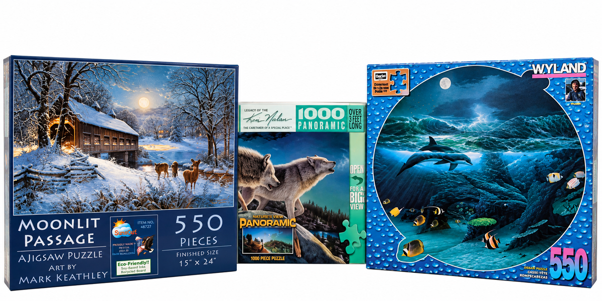 Moonlight & Wildlife Jigsaw Puzzle Bundle – 3 Puzzles Featuring Wolves, Deer & Dolphins, 2,100 Pieces