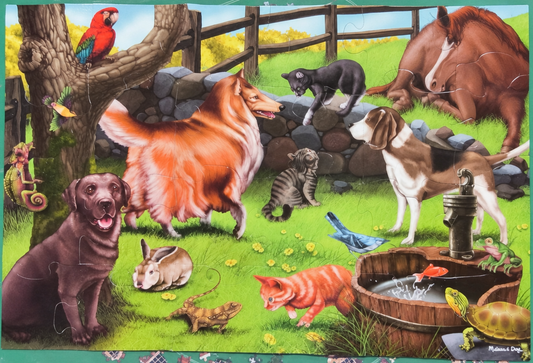 A completed jigsaw puzzle featuring a colorful outdoor farm scene with multiple animals, including dogs, a cat, a rabbit, a parrot, a horse, and birds, surrounded by a green border. 