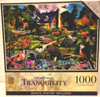 


Front of a 1000-piece jigsaw puzzle box titled 'Hillside Cottage Tranquility,' showing a colorful illustrated cottage scene with flowers, birds, a bridge, and a pond. The box also notes 'Bonus Poster Included' and shows the MasterPieces brand.