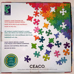 CEACO puzzle box showing the back side with colorful puzzle pieces scattered across a white background, bilingual product text, and a green Prime Bonus seal.